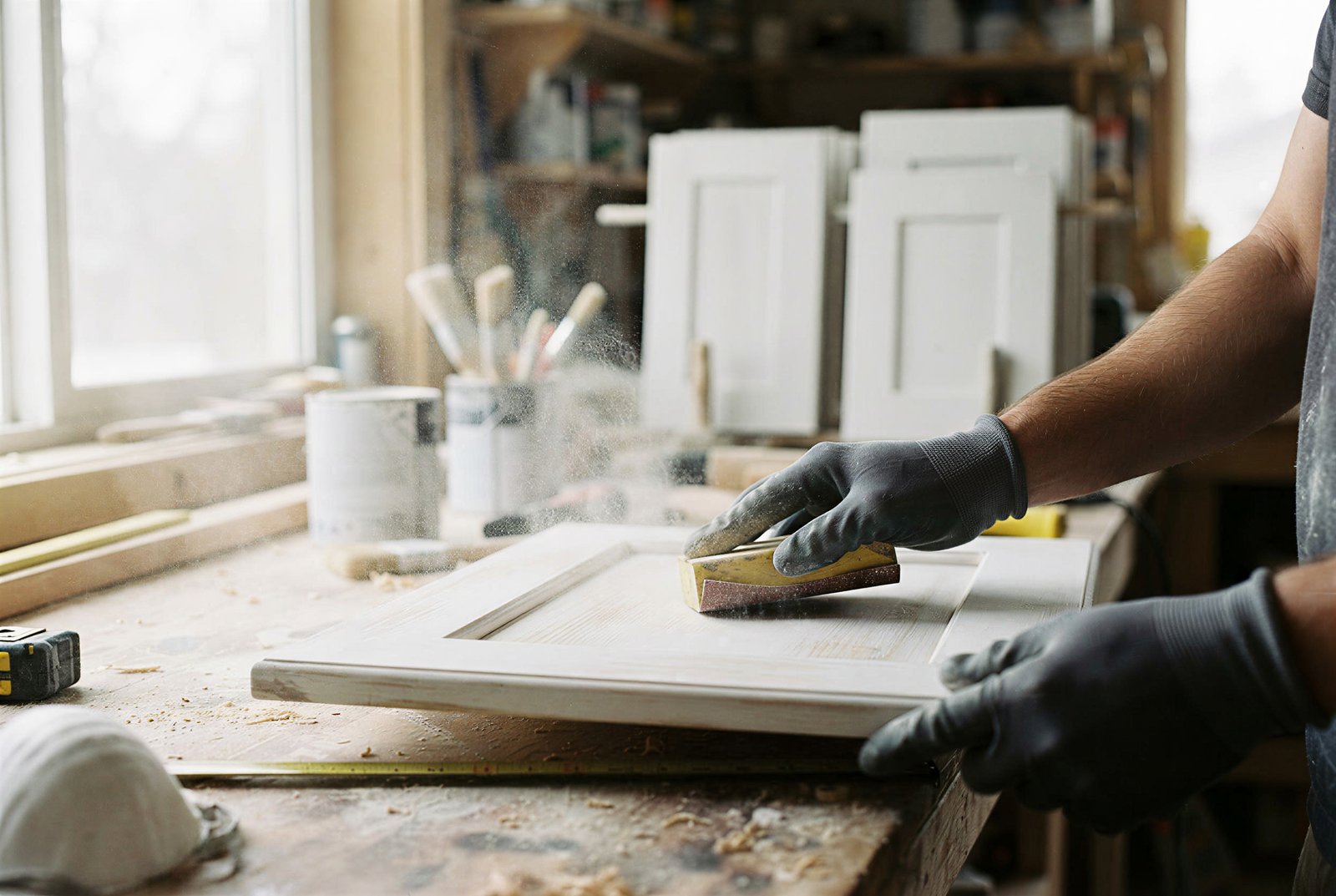 Professional sanding a kitchen cabinet door during surface prep, a key factor affecting kitchen cabinet painting cost