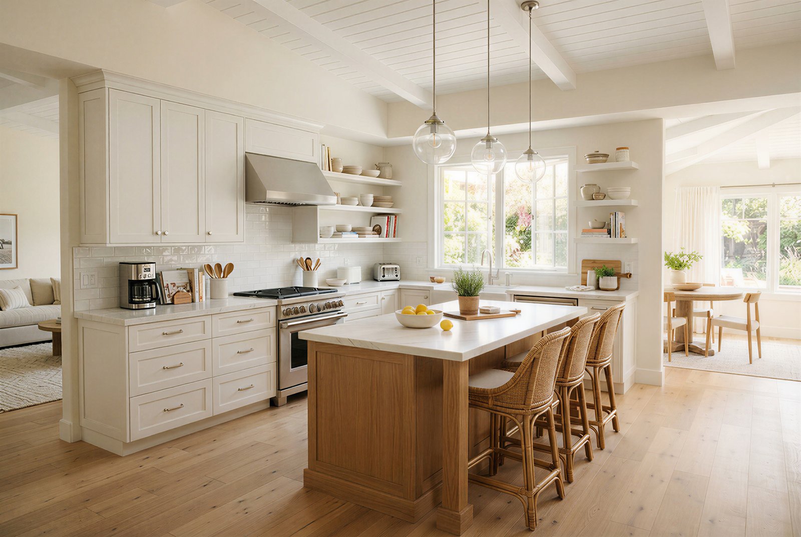 Bright modern kitchen with freshly painted white cabinets illustrating kitchen cabinet painting cost