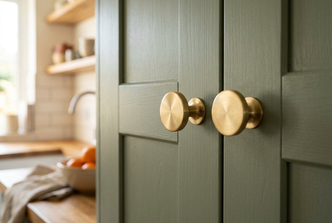 New brass knobs on freshly painted green kitchen cabinets, an additional cost when painting cabinets