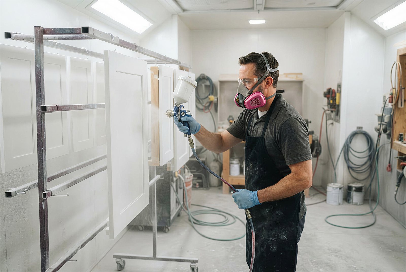 Professional spray painting kitchen cabinet doors, illustrating professional cabinet painting versus DIY