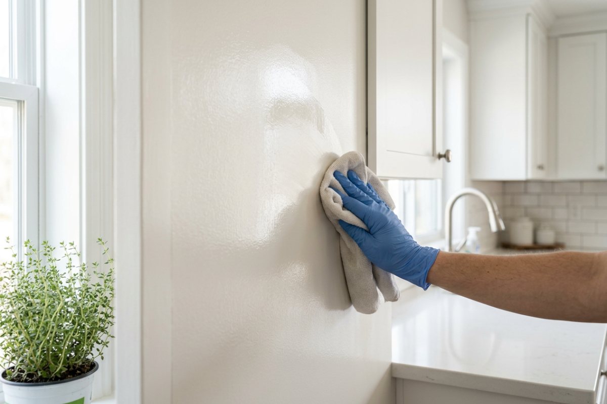 Wiping down a kitchen wall painted in a satin paint finish